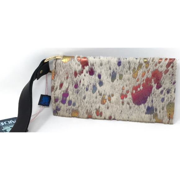 Gradient Rainbow White Leather Upcycled Patch Petite Snap Logo Patches Wristlet - Picture 3 of 4